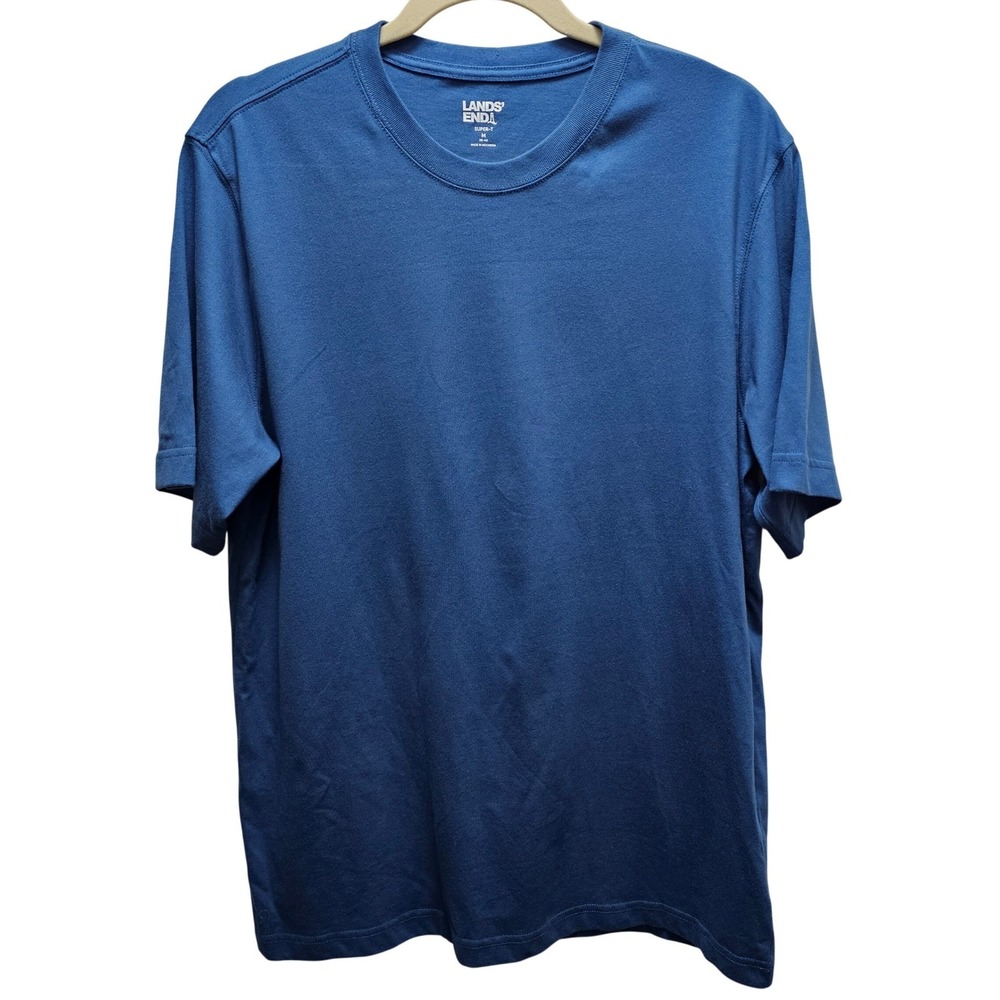 Lands End Mens Super-T Short Sleeve 100% Cotton Crewneck Shirt Blue Medium